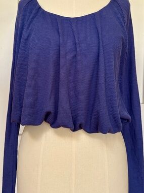 NWOT We The Free Women's Top Blue Waffle Cotton Knit, Bubble Hem, Long Sleeve, S